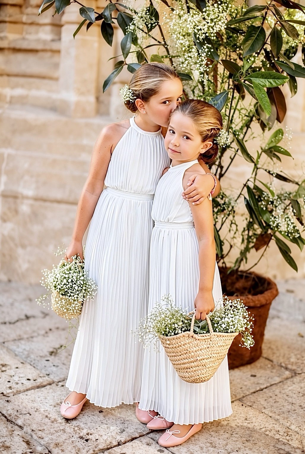 Robe longue en mousseline blanche pour cérémonie fille
